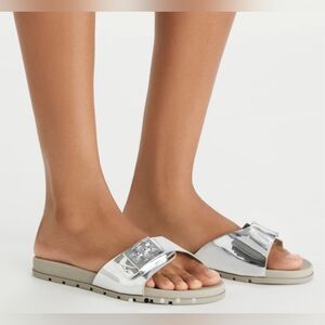 Size 7 Tory Burch Metallic Silver Slide Sandals with Buckle Retail 160$